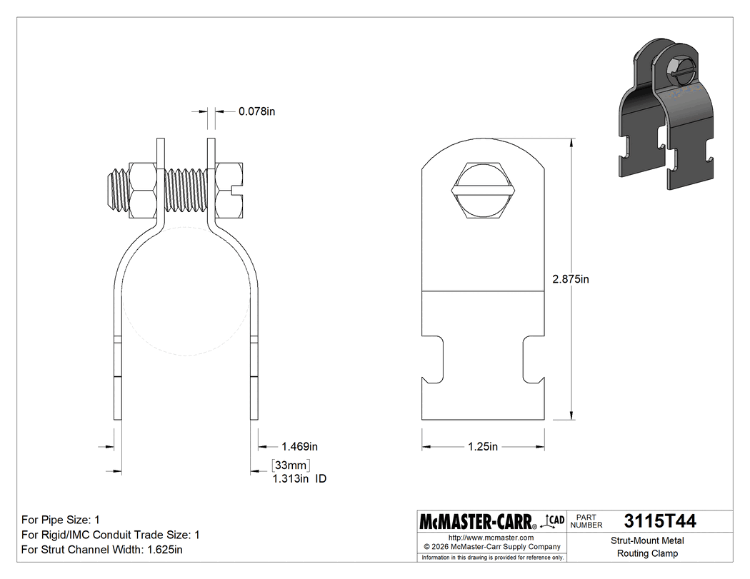 Technical Drawing of Strut-Mount Metal Routing Clamp, 304 Stainless Steel, 1-5/16" ID, 5/64" Thick.